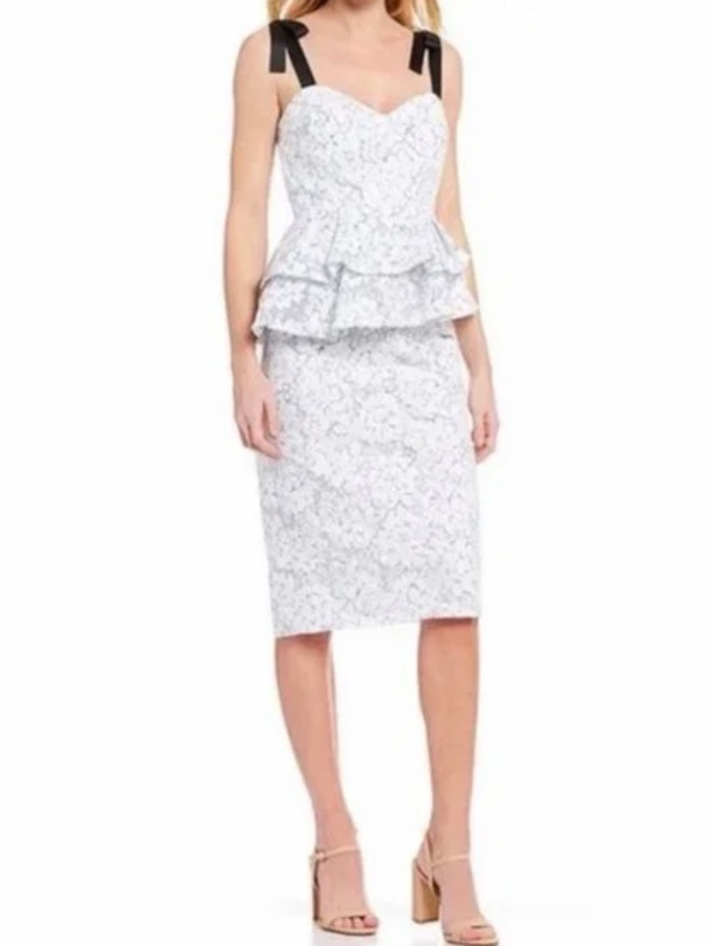 Gianni Bini White Lace Peplum Midi Dress with Black Shoulder Ties